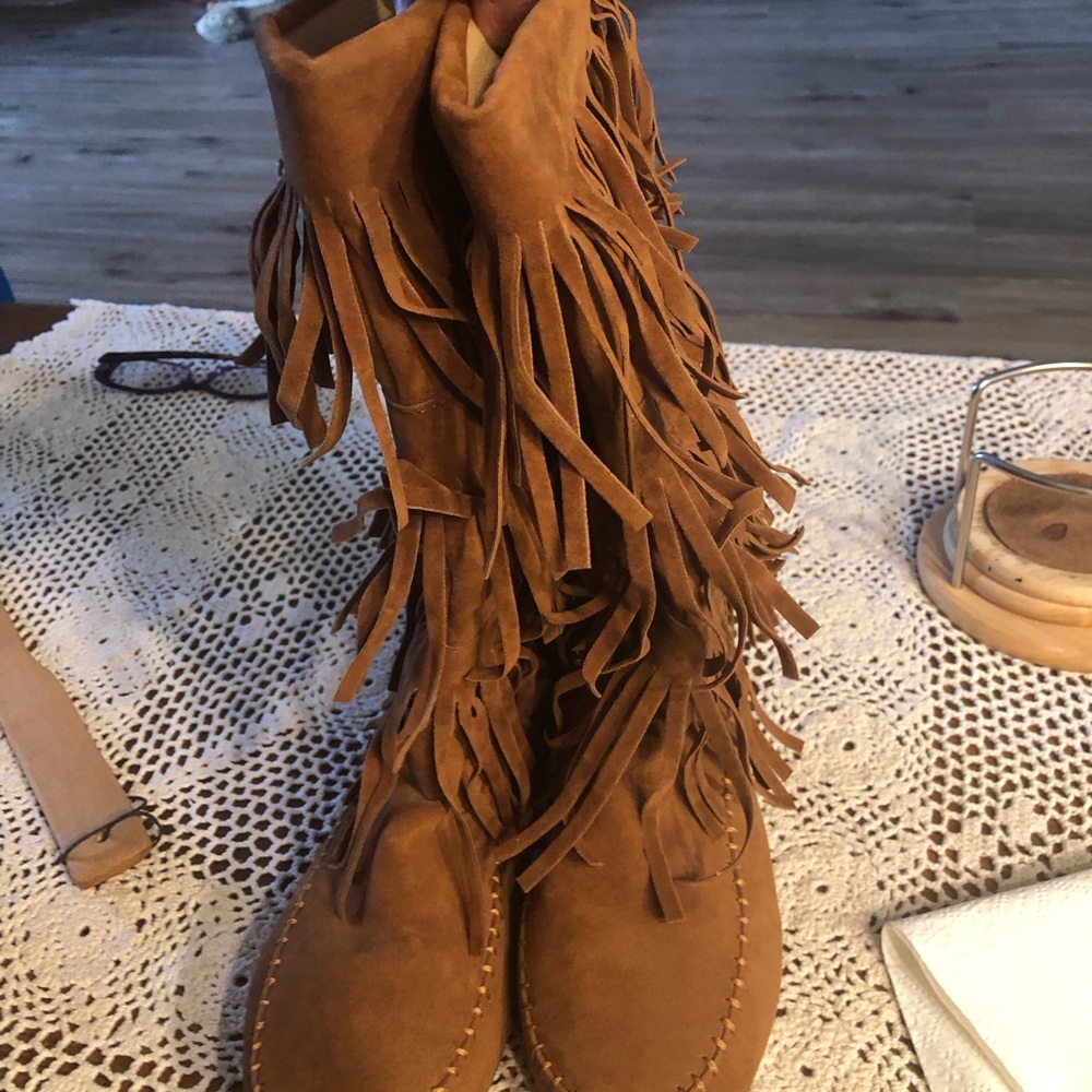 Womenโs Suede Fringe Tall Moccasin Boots - Tan